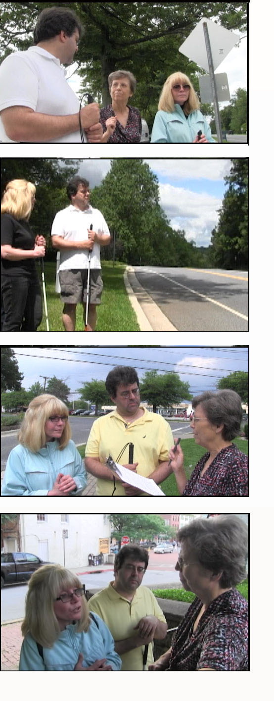 3 photos show two adults, Carlo and Cecilia, holding white canes and standing near 3 different streets.  In one photo they are standing on grass near a street in a wooded area, another shows Carlo talking with Dona, and in the other they are looking at Dona who is holding a clipboard.